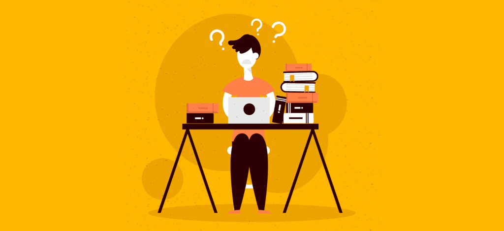 Illustration of a Provider Enrollment Specialist sitting at a desk with a laptop, books, and question marks above their head, symbolizing the complexity of their role in healthcare operations and credentialing.