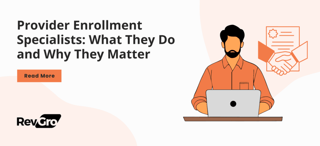 Illustration of a Provider Enrollment Specialist working on a laptop with a certificate and handshake icon in the background, highlighting the importance of their role.