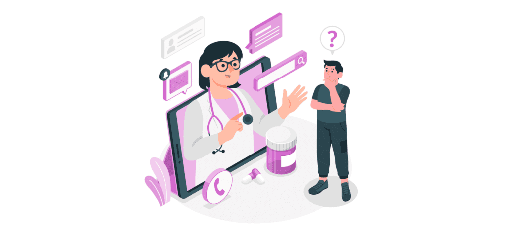 Illustration of a telemedicine consultation, featuring a doctor emerging from a digital tablet screen with medical icons, engaging with a puzzled patient represented by a question mark.