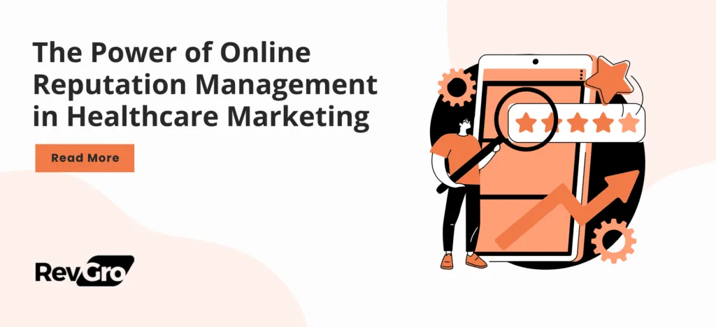 Banner image illustrating the importance of online reputation management in healthcare marketing, with a person examining star ratings on a mobile screen, along with growth symbols like an upward arrow and gears.