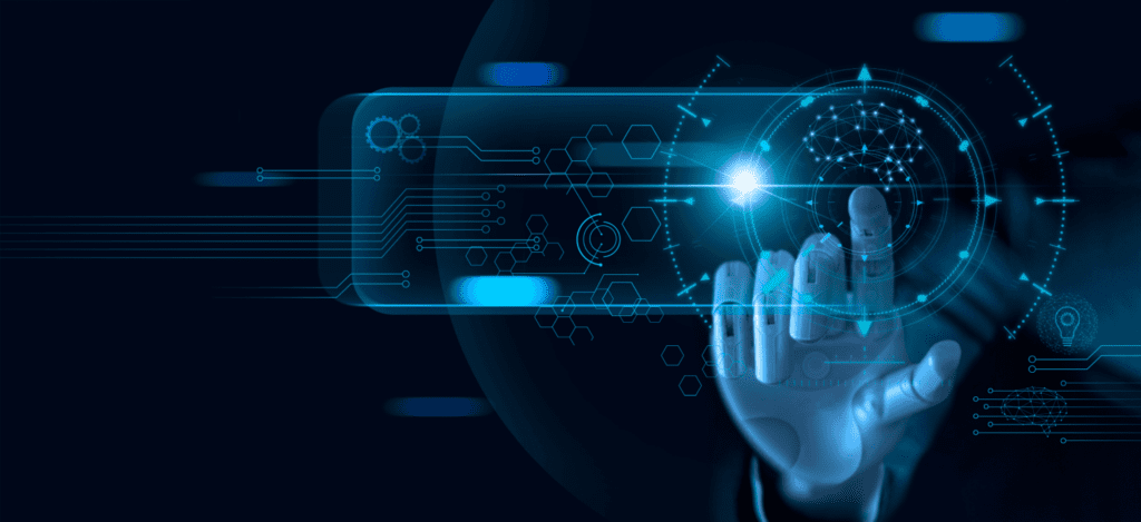 Futuristic image illustrating AI and machine learning in revenue cycle management (RCM), featuring a robotic hand interacting with a digital interface, showcasing data flow, predictive analytics, and automation elements.